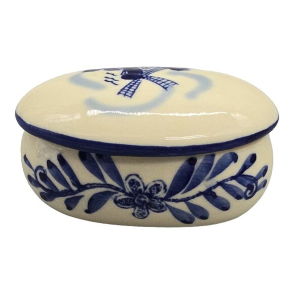Hand-Painted Delft Blue & White Ceramic Trinket Box with Windmill Design - Picture 6 of 10